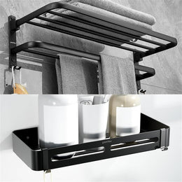 Plantex Aluminium Folding Towel Rack with Fix Towel Rod/Shelf for Bathroom Storage with Removable Hooks/Bathroom Accessories - Combo (Black)