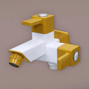 Plantex PTMT EDS-127 2 In 1 Painted Tap For Bathroom With Plastic Wall Flange & Teflon Tap e/ 2-Way Angle Valve With Attachment For Health Faucet (Yellow & White)