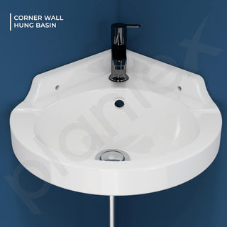 Plantex White Corner Wash Basin/Wall Mount Basin for Bathroom/Ceramic Tabletop Basin with 10 Years Glaze Warranty by Plantex/Small Corner Sink (Breva, 14.5 x 14.5 x 5 Inch)