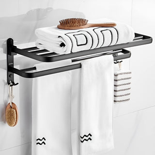 Plantex Space Aluminium Folding Towel Rack with Fix Towel Rod/Towel Bar for Bathroom/Towel Hanger with Hook/Bathroom Accessories (963, Black) - Pack of 1