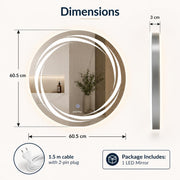 Plantex Glass Lighting Mirror With 3 Lighting Option/Smart Wall Mount Mirror Shatterproof For Living Room/Bedroom/Dressing Room - Round Shape (24 Inch), White