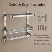 Plantex Folding Bathroom Shelf for Wall/304 Grade Stainless Steel Shelf for Bathroom with Hooks and Towel Rod/Rack/Premium Multipurpose Organizer (3-Tier, Chrome)