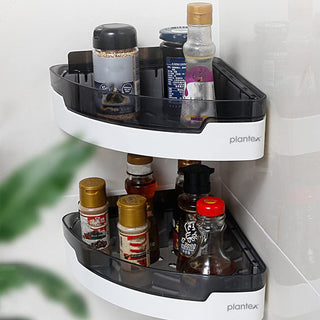 Plantex Corner Shelf for Bathroom Plastic/Unbreakable ABS Plastic Corner Shelf/Multipurpose Wall Mounted Corner Shelf/Plastic Corner Shelf for Bathroom with Removable Tray/(8x8 inches, Black & White)