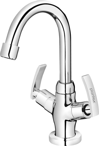 Plantex COL-1009, Pure Brass Center Hole Basin Mixer with (High Arch 360 Degree) Swivel Spout/Double Handle Kitchen Water Tap/Bathroom Cold & Hot Water Tap with Teflon Tape (Mirror-Chrome Finish)