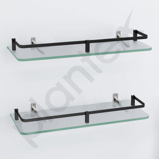 Plantex Frosted Glass Shelf for Bathroom/Shelf with Brass Railings and Brackets/Shelf for Living Room/Bedroom/Kitchen - Pack of 2 (15 x 6 inch, Black)