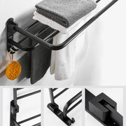 Plantex Aluminium Folding Towel Rack with Fix Towel Rod/Shelf for Bathroom Storage with Removable Hooks/Bathroom Accessories - Combo (Black)
