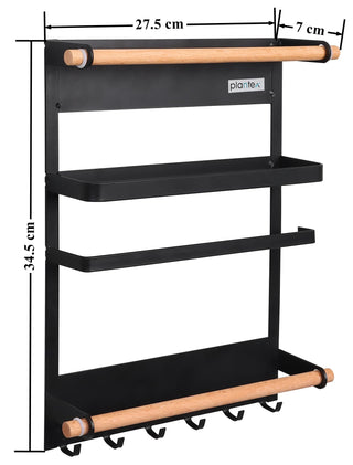 Plantex GI Steel Multi-Purpose Magnetic Shelf for Home/Fridge Organizer Spice Rack with Paper-Towel Holder/Kitchen Rack for Refrigerator (Big-Black)