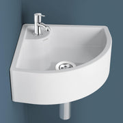 Plantex Ceramic Basin with Stainless Steel Pillar Cock and 3-inch Waste Coupling/Wall Hung Basin/Deck Mount Tap/Corner Basin for Bathroom - (Cornia - Combo)