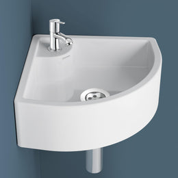 Plantex Ceramic Basin with Stainless Steel Pillar Cock and 3-inch Waste Coupling/Wall Hung Basin/Deck Mount Tap/Corner Basin for Bathroom - (Cornia - Combo)