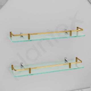 Plantex Shelf for Bathroom/Frosted Glass Shelf with Brass Railings and Brackets/Shelf for Kitchen/Bedroom/Living Room - Pack of 2 (18 x 6 inch, Brass Antique)