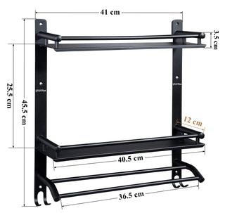 Plantex Stainless Steel Bathroom Shelf/Bathroom Organiser with Drill/Wall Mounted Rack with Hooks and Towel Hanger/Bathroom Accessories Set (3-Tier, Matt Black)