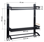 Plantex Stainless Steel Bathroom Shelf/Bathroom Organiser with Drill/Wall Mounted Rack with Hooks and Towel Hanger/Bathroom Accessories Set (3-Tier, Matt Black)