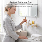 Plantex 304 Grade Stainless Steel Glass Soap Dish with Tumbler Holder/Soap Stand/Toothbrush Holder/Bathroom Accessories - Crystal (PVD Gold)