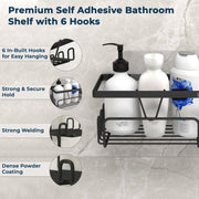 Plantex GI Steel Self Adhesive Soap Holder/Wall Mounted Shelf for Bathroom with Side Hooks to Hang Loofah for Bathing/Bathroom Accessories - Black, Powder Coated (Pack of 3)