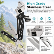 Plantex Multifunction Hand Tool with Adjustable Wrench & Pliers/Portable Stainless Steel Multi Tool with Screwdriver & Utility Blades/Compact DIY Tool  Black (APS-MQ044G)