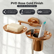 Plantex J4 Stainless Steel Soap Dish with Tumbler Holder/Soap and Brush Holder for Bathrooom/2 in 1 Soap Holder with Toothbrush Holder/Bathroom Accessories (PVD Rose Gold Finish) Onix