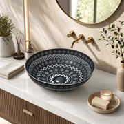 Plantex Ceramic Round Wash Basin for Bathroom/Designer Table Top Washbasin/Countertop Hand Basin for Restaurant/Hotel (15.5x15.5x4.5 Inch - Black & White)