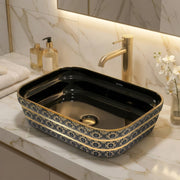 Plantex Designer Ceramic Basin/Table Top Wash Basin for Bathroom/Countertop Vessel Sink Basin for Home/Office/Restaurant (Black Art, 20 x 15 x 6 Inch)
