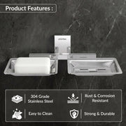 Plantex 304 Grade Stainless Steel Rectangular Double Soap Holder for Bathroom/Wall Mounted Soap DishBathroom Accessories Crystal (Chrome)