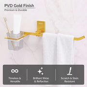 Plantex 304 Grade Stainless Steel Glass Tumbler Holder with Napkin Ring/Toothbrush Holder/Towel Holder for Bathroom/Bathroom Accessories - Pack of 1 (Crystal, PVD Gold)