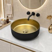 Plantex Table Top Wash Basin for Bathroom/Designer Ceramic Basin/Round Countertop Vessel Sink Basin for Home/Office/Hotel (Black & Gold - 14 x 14 x 5 Inch)