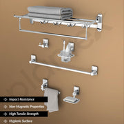 Plantex High Grade Stainless Steel Folding Towel Rack with Stainless Steel 304 Grade Darcy Bathroom Accessories Set 5pcs (Towel Rod/Napkin Ring/Tumbler Holder/Soap Dish/Robe Hook)
