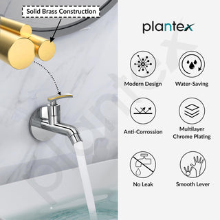 Plantex Pure Brass COL-1002 Long Body Bib Cock for Bathroom with Water Saving Aerator/Wall Mount BibTap with Wall Flange for Bathroom-7 Year Warranty (Chrome)