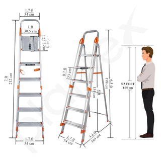 Plantex Secura 6 Step Aluminium Ladder for Home/Foldable Ladder with Safe Hand Rails/5 Year Manufacturer Warranty(Orange-Silver)