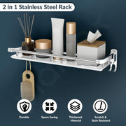Plantex Elegant Stainless Steel Multipurpose Folding Bathroom Shelf/Towel Rack with Towel Hooks/Bathroom Accessories - Wall Mount (Chrome)