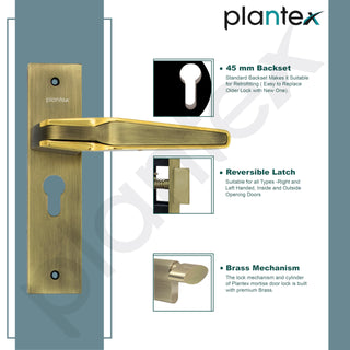 Plantex Heavy-Duty Door Lock Set - Main Door Lock Handle Set/Mortise Lock with 3 Keys, Brass Lockbody & Cylinder (8064 - Brass Antique & PVD Gold)