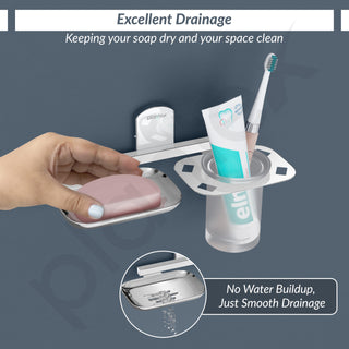 Plantex 304 Grade Stainless Steel 2in1 Soap Dish with Glass Tumbler Holder/Soap Stand/Tooth Brush Holder for Bathroom/Bathroom Accessories - Pack of 1 (Chrome)