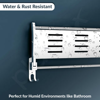 Plantex Elegant Stainless Steel Multipurpose Folding Bathroom Shelf/Towel Rack with Towel Hooks/Bathroom Accessories - Wall Mount (Chrome)