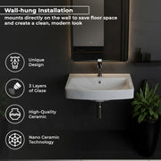 Plantex Platinum Ceramic Rectangular Wall Hung Basin/Washbasin for Bathroom/Wall Mounted Wash Basin/Sink for Living Room with 10 Years Glaze Warranty by Plantex(Glossy White - 20 x 15 x 8 Inch)