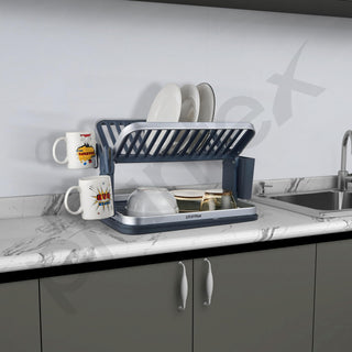 Plantex Kitchen Storage Rack/Aluminium Fold Flat Dish Drying Rack/2-Tier with Drainboard/Kitchen Organiser Rack - (Silver & Grey)