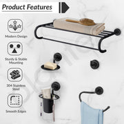 Plantex 304 Grade Stainless Steel Bathroom Accessories Set of 5 - Towel Stand/Napking Holder/Soap Holder/Toothbrush Holder/Robe Hanger - Daizy (Black)