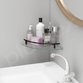 Plantex Frosted Corner Glass Shelf for Bathroom/Kitchen, Wall Mounted With Black Railings and Brackets - Premium Bathroom Accessory (9x9 Inches, Pack of 1)
