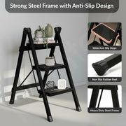 Plantex 3 Step Ladder for Home Use/Wide Anti-Slip Heavy-Duty Step Stool/Lightweight Kitchen Ladder 3 Step (Black)