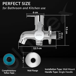 Plantex Pure Brass 2 Way Bibcock Water Tap with Brass Wall Flange & Teflon Tape/Quarter Turn Washing Machine tap with Water Saving Aerator/Basin tap-(FLO-807-Chrome)