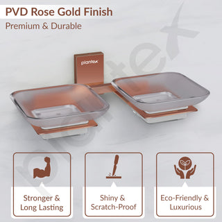 Plantex 304 Grade Stainless Steel Frosted Glass Double Soap Holder/Soap Stand/Dual Soap Dish for Bathroom/Bathroom Accessories - Pack of 1 (Crystal, PVD Rose Gold)