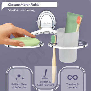 Plantex Stainless Steel 304 Grade 2 in1 Soap Dish with Tumbler Holder/Soap Stand/Tooth Brush Holder/Bathroom Accessories (Cubic - Chrome)