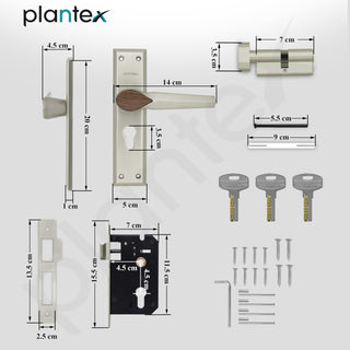 Plantex Heavy-Duty Door Lock for Main Door/Handle Lock Set/6-Lever Lock Mechanism Mortise Lock with 3 Keys, Brass Lock Body & Cylinder (PTP-07, Satin & Wood)