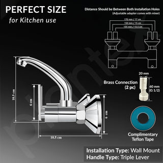 Plantex Sink Cock for Kitchen Sink/360 Degree Rotating with Foam Flow/Wall Mount Swan Neck with Wall Flange and Teflon Tape - Pack of 1 (Chrome, 3523)