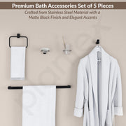 Plantex Stainless Steel Bathroom Set/Glass Soap Holder and Tumbler Holder/Towel Rod/Napkin Holder/Robe Hook for Bathroom/Bathroom Accessories - Set of 5 (Black)
