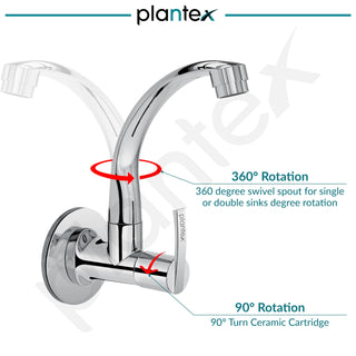 Plantex Pure Brass Kitchen Taps for Home Sink/Tap for Kitchen Basin with 360° Swivel Spout and Water Saving Aerator/Water Tap with Brass Wall Flange-7 Year Warranty (AQ-1410- Chrome)