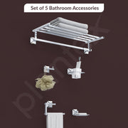 Plantex 304 Grade Stainless Steel Bathroom Accessories Set of 5 - Towel Stand/Napking Ring/Soap Holder/Toothbrush Stand/Robe Hanger - Squaro (Chrome)