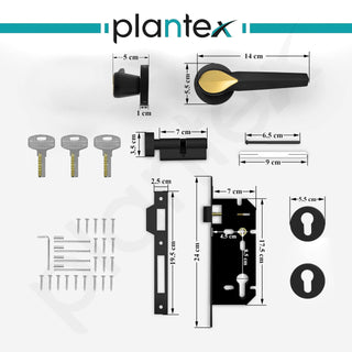 Plantex Heavy Duty Door Lock/Main Door Mortise Lock Handle/Handle Set for Home/Office (PT-012, Gold & Black)