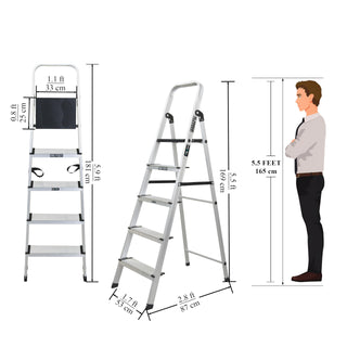Plantex Big Foot 5 Step Foldable Aluminium Ladder/Step Ladder for Home Use with Wide Anti-Slip Steps and Secured Joints/5-Year Manufacturer Warranty(Black & Silver)