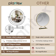 Plantex Brass and 304 Stainless-Steel Magnifying Mirror with LED/Makeup Mirror with Light/Zoom Mirror- 5x/1x Magnification (8 Inch-Chrome/Wall Mount)