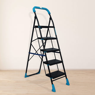 Plantex Heavy-Duty Mild Steel Stylo Folding 5 Step Ladder for Home with Advanced Locking System - 5 Wide Step Ladder(Black & Blue)