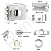 Plantex Brass Tri-Bolt Lock For Main Door/Heavy Duty Door Lock With 4 Keys/Suitable On Single Door For Home/Office/Hotel - 5 Years Warranty (Satin White & Chrome )